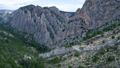 Aerial view from a drone of the Montoro Organs natural monument in the municipalities of Villarluengo and Ejulve. Maestrazgo and Andorra-Sierra de Arco regions. Aragon. Spain. Europe.
