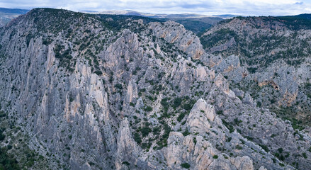 Aerial view from a drone of the Montoro Organs natural monument in the municipalities of Villarluengo and Ejulve. Maestrazgo and Andorra-Sierra de Arco regions. Aragon. Spain. Europe.