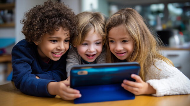 Smiling Children on a Tablet Angle Facing Camera