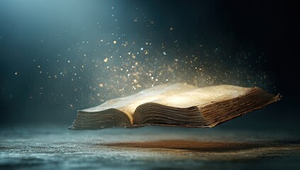 Ancient book floating in mystical light