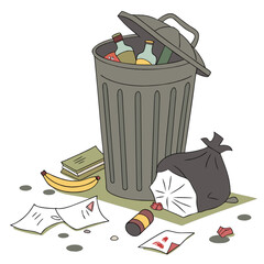 Illustration of a full trash can with a recycle bin and a paper icon