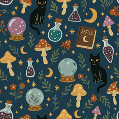 Seamless witchcraft pattern with black cats, spell books, mushrooms, potions, crystals, and mystical elements. Perfect for Halloween, fabric, wallpaper, and spooky designs.