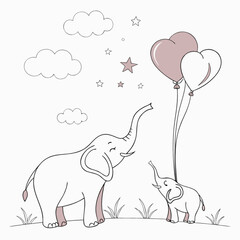 A charming cartoon baby elephant holds a pink heart-shaped balloon, a fun and cute illustration perfect for a child's birthday or Valentine's card