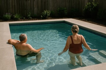 Elderly couple enjoying pool relaxation.