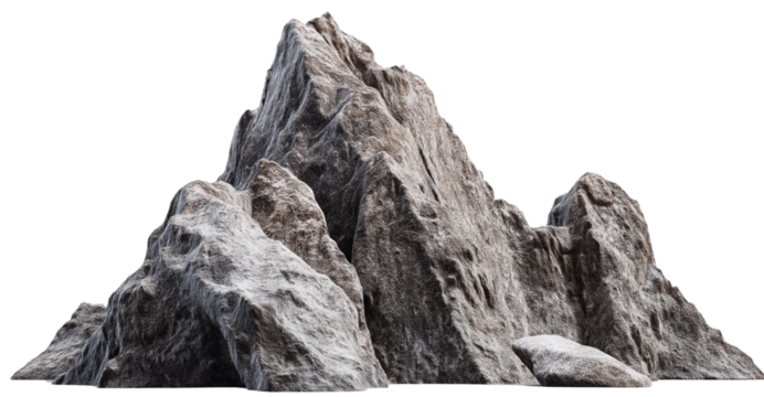 D rendering of an isolated mountain made from smooth rocks, with a flat white background to highlight the sharp contours and textured surface details. The composition focuses on a frontal view, captur