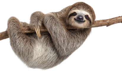 vSloth hanging upside down on a branch, isolated against a white background. Detailed, realistic stock photography in high definition, high resolution, and high quality. 