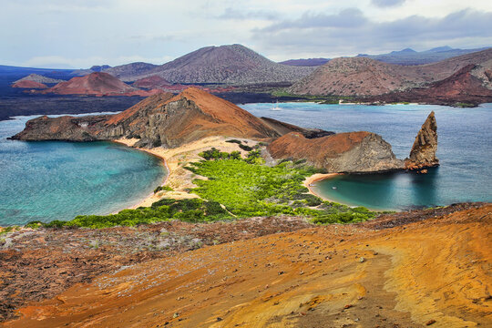 View of Pinnacle Rock on Bartolome island, Galapagos National Park, Ecuador.