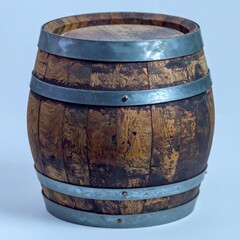 Obraz premium Wooden Barrel with Metal Hoops Rustic Container on White Background