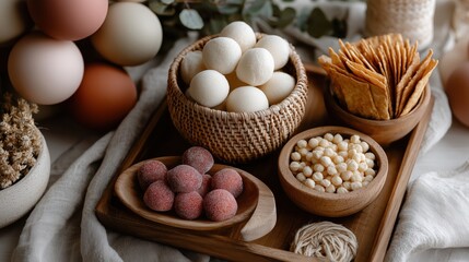 Colorful assortment of traditional snacks displayed on a wooden platter with natural elements