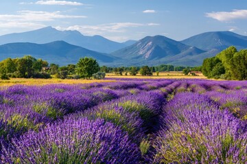 Lush lavender field stretching to distant mountains under a bright sky