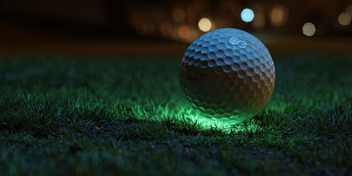 Golf ball glows on dark green grass at night