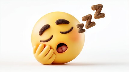 A three-dimensional, stylized emoticon displays a sleepy expression, with closed eyes and a hand covering the mouth, while sleep symbols float above its head.
