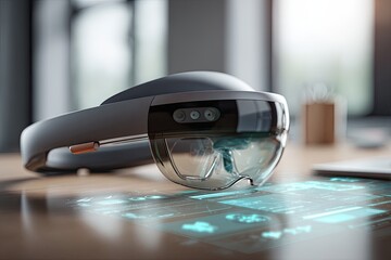 Modern VR headset resting on a table with projected data