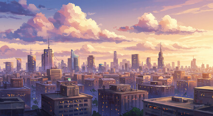 Stunning cityscape view at sunset with vibrant sky and soft clouds perfect for urban projects