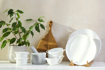 Different clean white dishware, wooden cutting board and houseplant on counter in kitchen