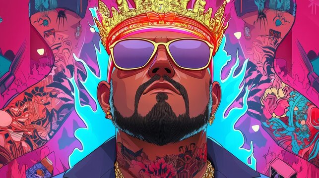 Vibrant illustration of a king figure adorned with tattoos and sunglasses, exuding confidence and flair.