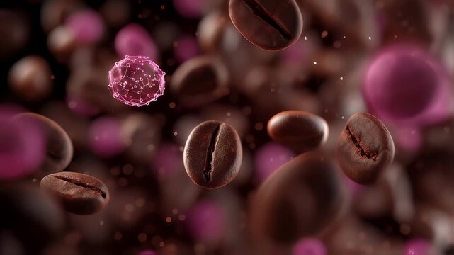 Crisp medium shot of fresh coffee beans with outoffocus polyphenol structures drifting away conveying visualized interaction with insulin receptors for diabetes support.