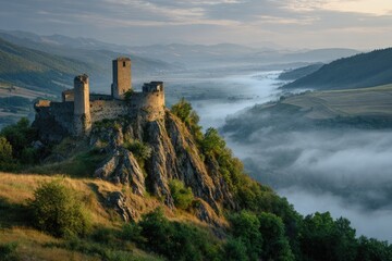 Obraz premium Ancient castle perched atop a misty mountain valley
