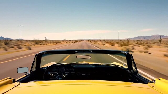 A vibrant view from the driver's seat of a convertible cruising down an endless desert highway.