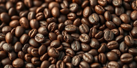 Obraz premium Close-up of airborne roasted coffee beans, rich brown tones, banner format, close up coffee, close-up