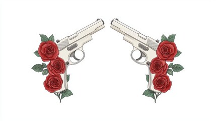 Artistic depiction of guns entwined with roses, symbolizing the contrast of love and violence.
