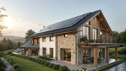 Fototapeta premium A modern house with solar panels in a green landscape