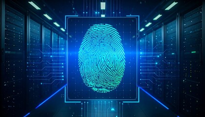 A digital fingerprint graphic displayed within a server room setting, showcasing modern technology and security.