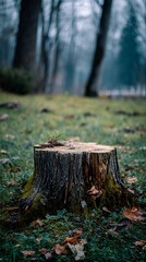 Fototapeta premium Wooden stump surrounded by fallen leaves in a misty forest during early morning Generative AI