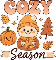 Fototapeta premium Cute cozy season illustration with adorable character and autumn elements for festive greetings