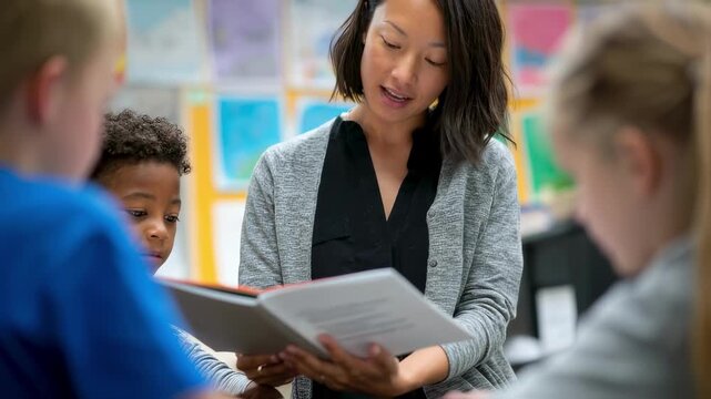 Medium shot of a teacher handing a workbook to a child the students eager face in sharp focus classroom posters blurred behind.