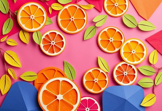 Abstract summer paper cut design; vibrant citrus fruits, geometric shapes, colorful background,   template,   vector