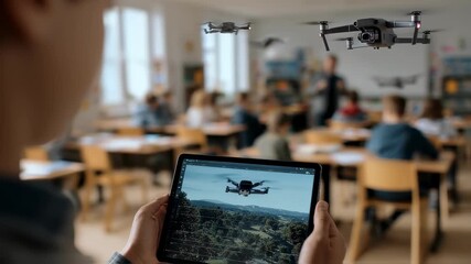 Medium shot featuring a classroom setting where a teacher demonstrates drone choreography steps on a tablet while blurred drones hover subtly behind the scene. - Powered by Adobe