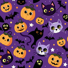 Cute halloween seamless pattern with pumpkins black cats bats and ghosts on purple background