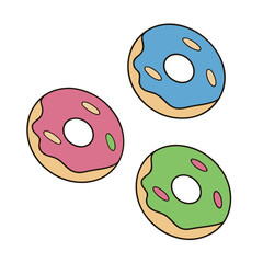 Three colorful donuts with pink blue and green icing on white background food sweet
