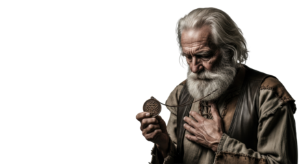 Elderly caucasian man, weathered, long white hair, rough tunic, holding ancient copper medallion, isolated on white studio background with copy space, soft diffused light, gentle shadows. Concept of