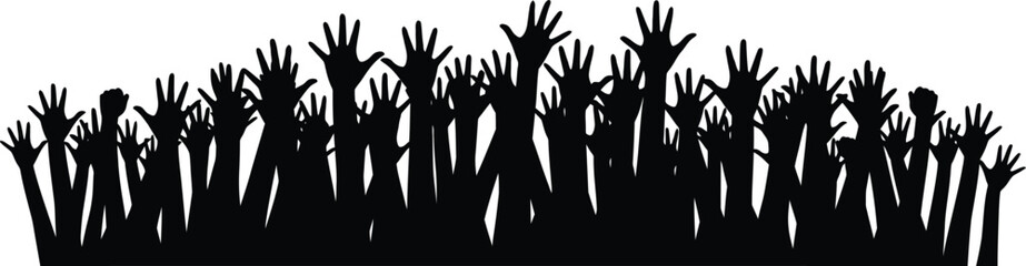 Silhouette of Crowd Hands Raised Up on Transparent Background