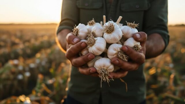 Handful of freshly harvested garlic bulbs in golden sunset light agriculture