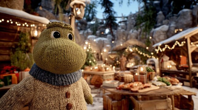 A knitted hippopotamus character stands out in a festive winter market scene, showcasing cozy holiday cheer and warm lighting.