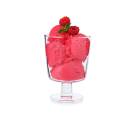 Delicious raspberry sorbet with fresh berries and mint in glass dessert bowl isolated on white