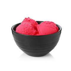 Delicious raspberry sorbet in bowl isolated on white