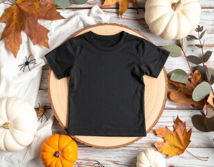 Plain kids black mock up t-shirt on an autumn fall wooden background with pumpkins