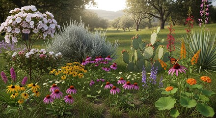 Vibrant Wildflower Garden with Colorful Blooms and Butterfly