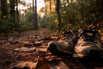 Worn running shoes on a forest path