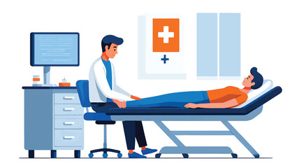 Professional doctor examining male patient during a routine medical check-up on an examination table in a modern clinic office, flat vector illustration.