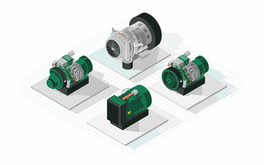 Isometric View of Electric Generators and a Turbine Engine, Perfect for Industrial Design, Power Generation or Alternative Energy Source Visualizations and Engineering Diagrams