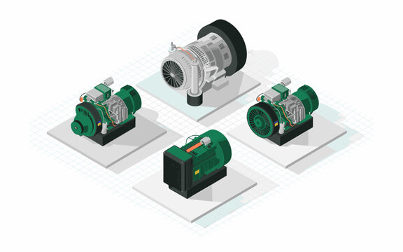 Isometric View of Electric Generators and a Turbine Engine, Perfect for Industrial Design, Power Generation or Alternative Energy Source Visualizations and Engineering Diagrams