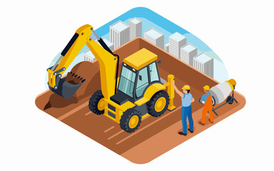 Fototapeta premium Isometric Construction Site Scene with Excavator, Cement Mixer, and Workers Preparing Foundation for Building Development, Cityscape Backdrop, Engineering and Development.