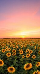 Fototapeta premium Vast sunflower field at sunset with vibrant orange and pink sky