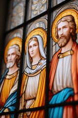 Fototapeta premium Stained glass window depicting praying saints in vibrant colors