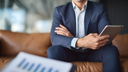 Business executive reviewing data on a tablet while seated on a couch, showcasing modern professional lifestyle and tech integration.